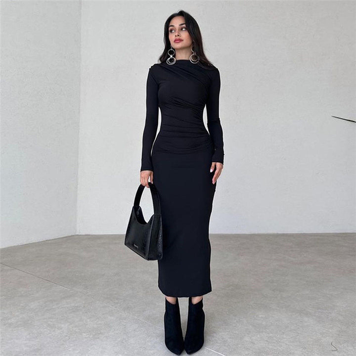 Ladies fitted maxi dress with high collar and side gathering Mune Fashion