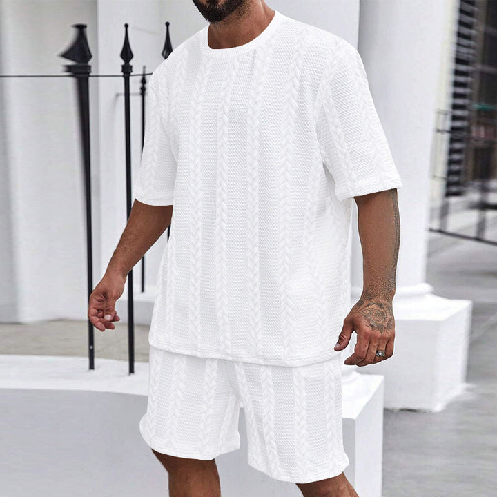 Men's relaxed braid-knit leisure set with wide short-sleeve shirt and elastic Bermuda Mune Fashion