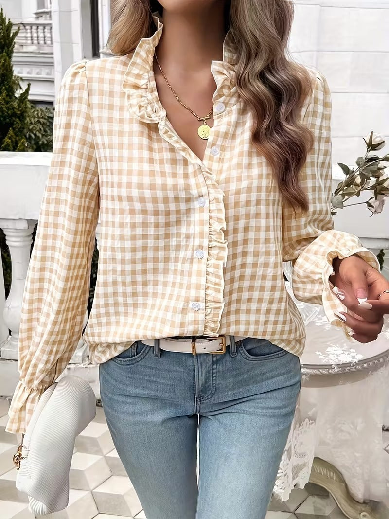 Women's checkered ruffle blouse with stand-up collar, concealed button placket, and bell sleeves Mune Fashion