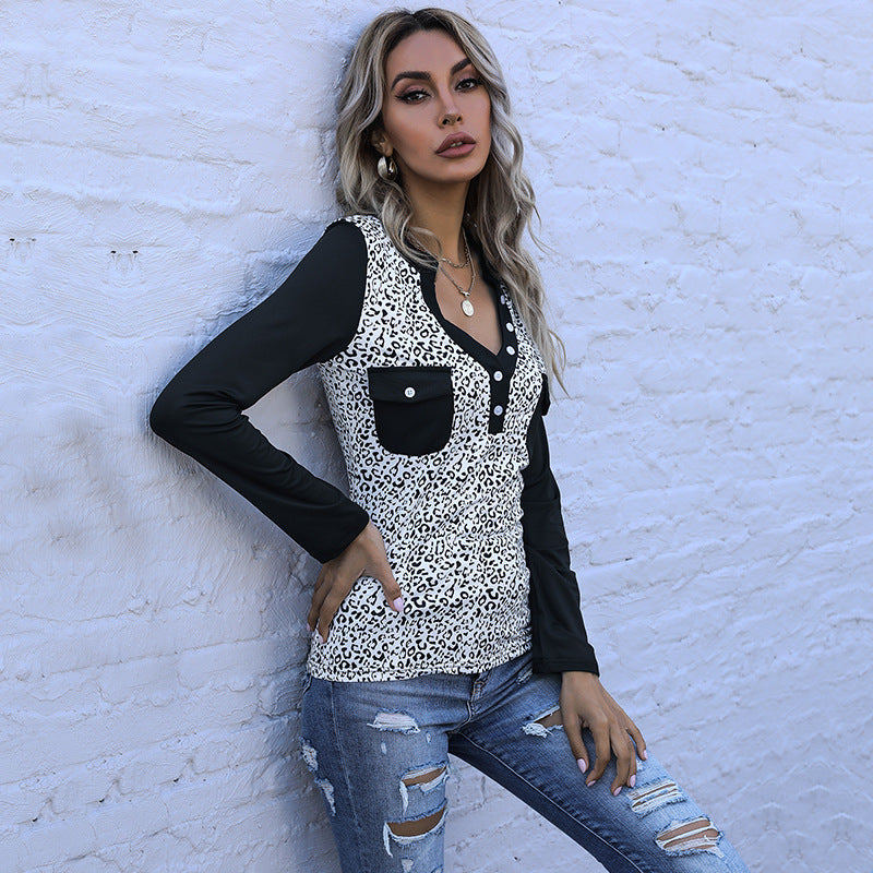 Women's Long Sleeve Shirt in Animal Print with Contrasting Sleeves, Button Placket and Chest Pockets Mune Fashion