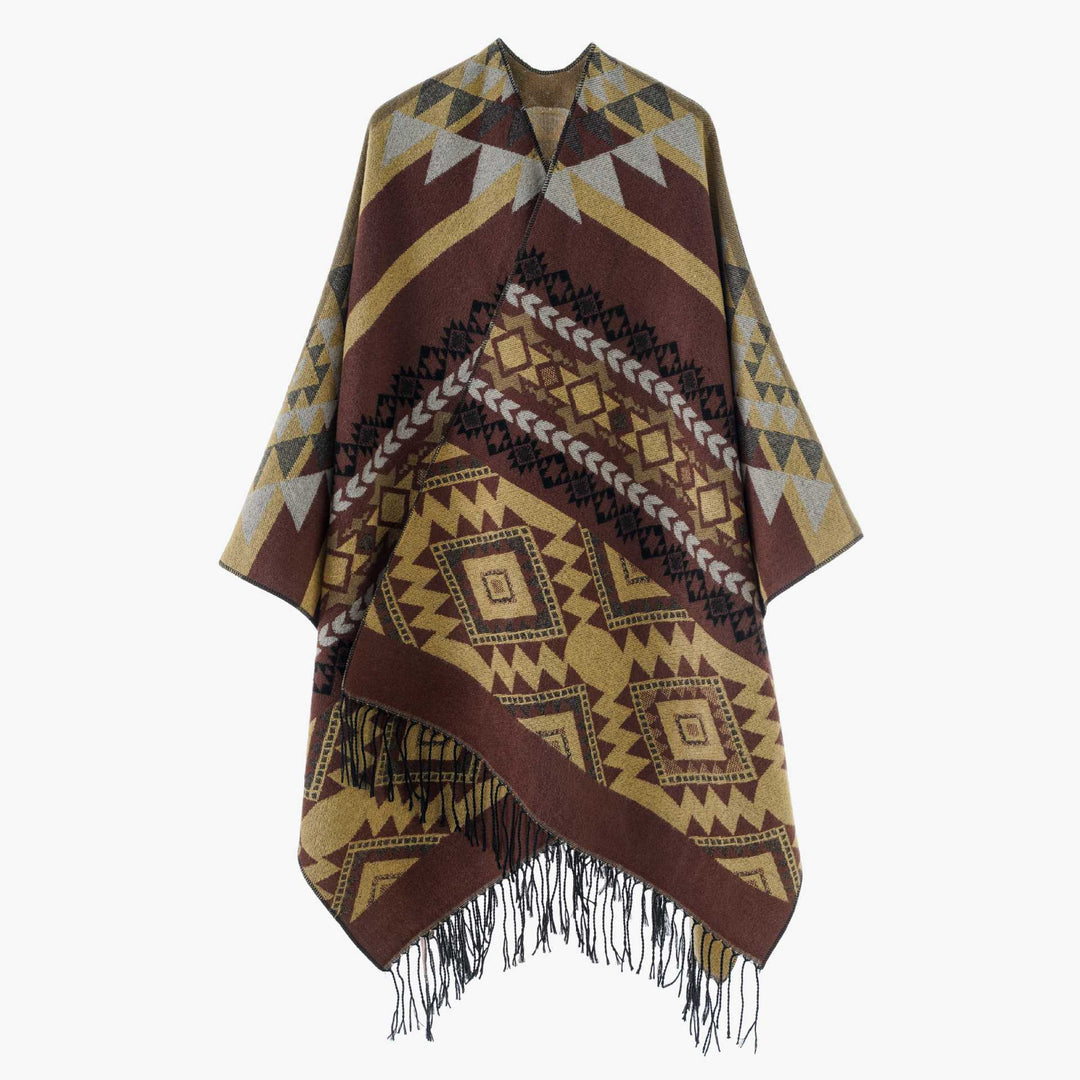 Women's Oversize Jacquard Cape in Ethno Jacquard with Fringing Mune Fashion