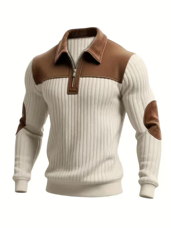 Men's ribbed half-zip pullover with contrasting leather appliqués on shoulders and elbows Mune Fashion