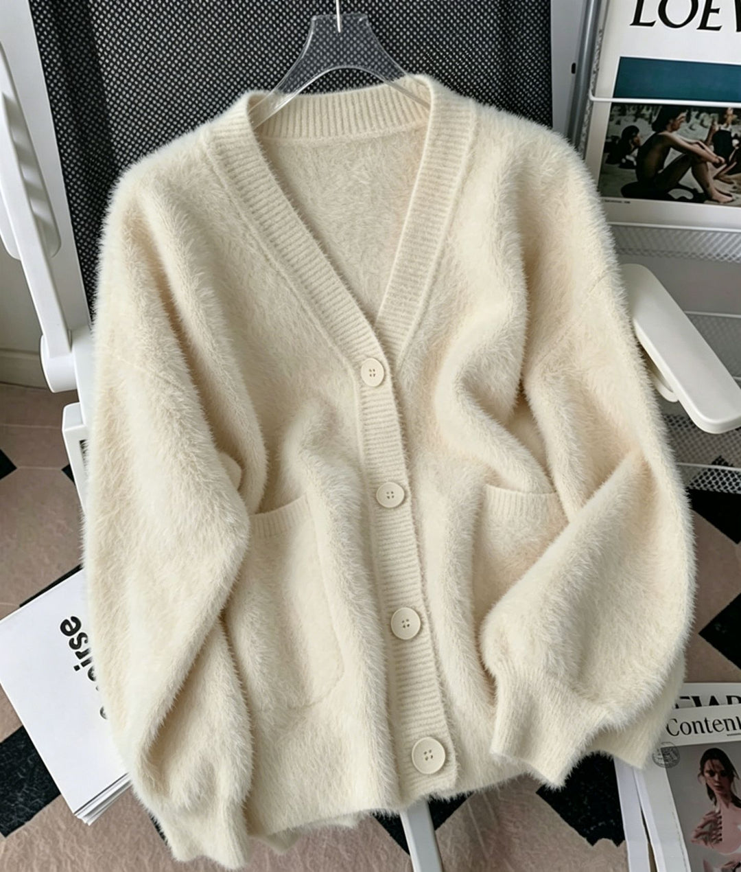 Women's Fluffy Cardigan with Deep V-Neck, Ribbed Button Placket and Patch Pockets Mune Fashion