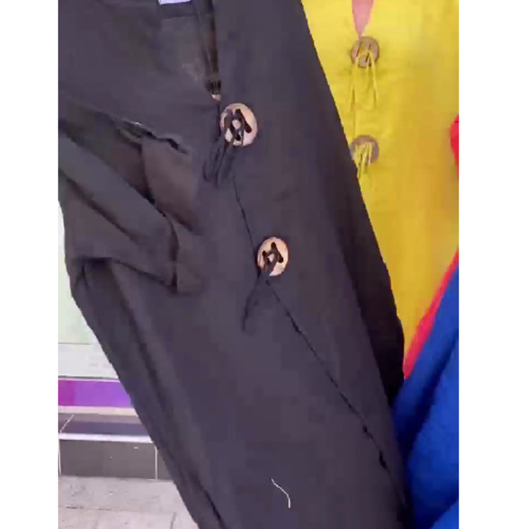 Ladies Long Linen Look Kaftan Dress with Wooden Ring Decorative Cord and Roll-Up Three-Quarter Sleeves Mune Fashion