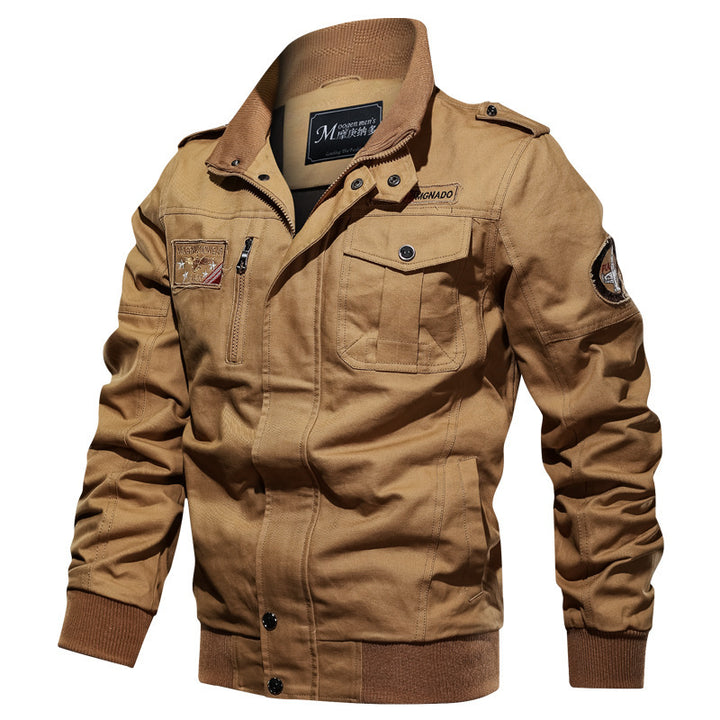 Men's Canvas Bomber Jacket in Military Style with Epaulettes and Flap Pockets Mune Fashion