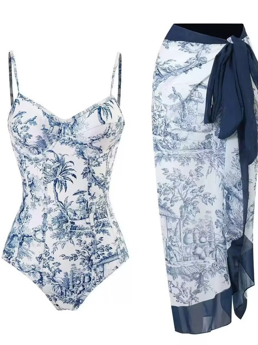 Women's Two-Piece Swimsuit Set with Elegant Wrap Skirt and Floral Print Mune Fashion