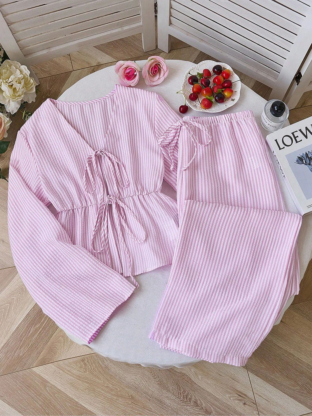 Women's non-striped linen-like homewear set with gathered drawstring top and elastic waistband pants Mune Fashion