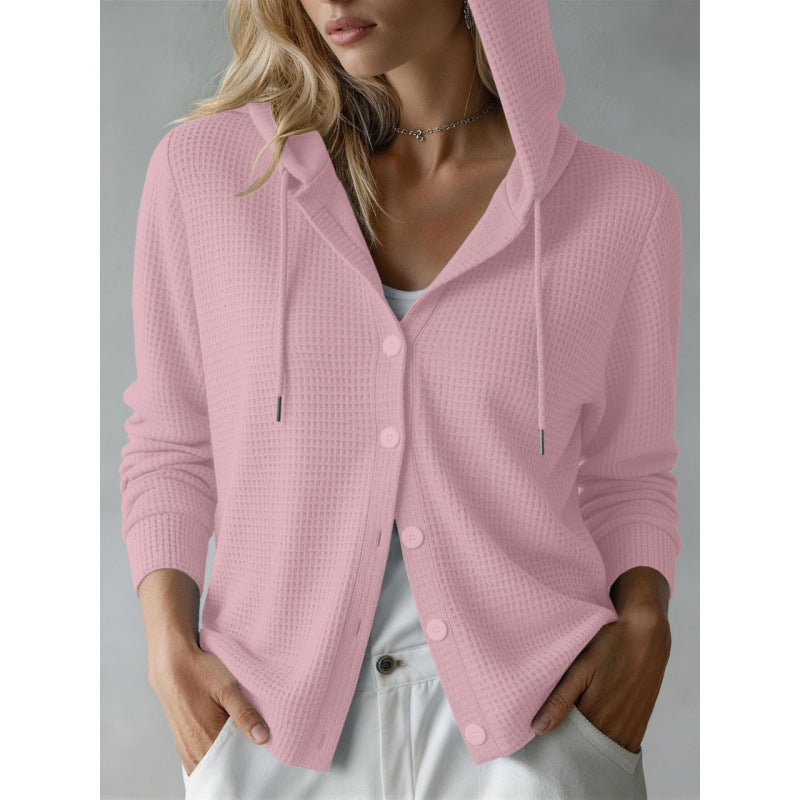 Women's hooded cardigan with waffle texture and button placket Mune Fashion