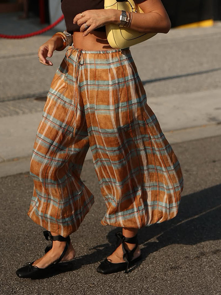 Women wide plaid harem pants with elastic waistband, drawstring & gathered ankle cuffs Mune Fashion