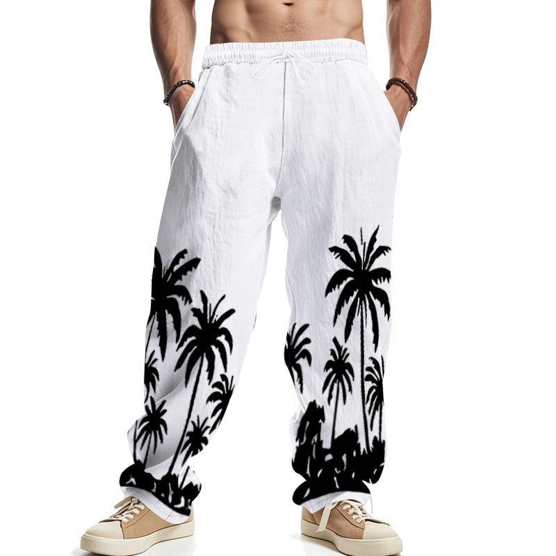 Men's wide leisure pants made of cotton-linen blend with palm print, elastic waistband and drawstring Mune Fashion