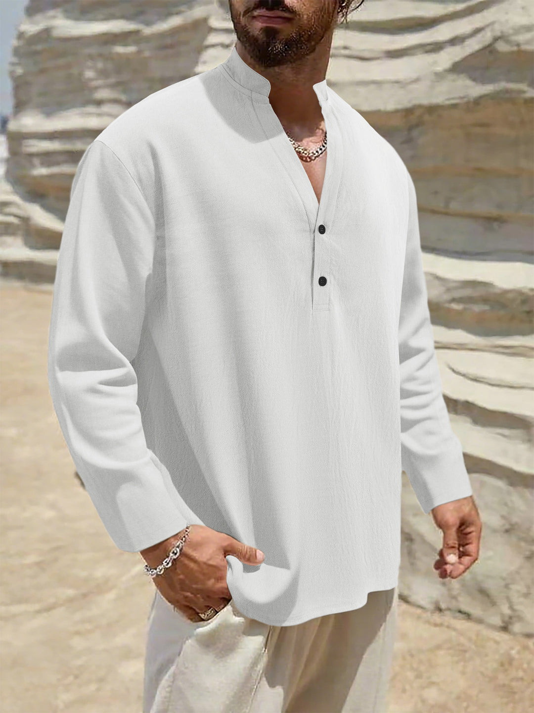 Men's Lightweight Linen Henley with Stand-up Collar and 2-Button Placket Mune Fashion