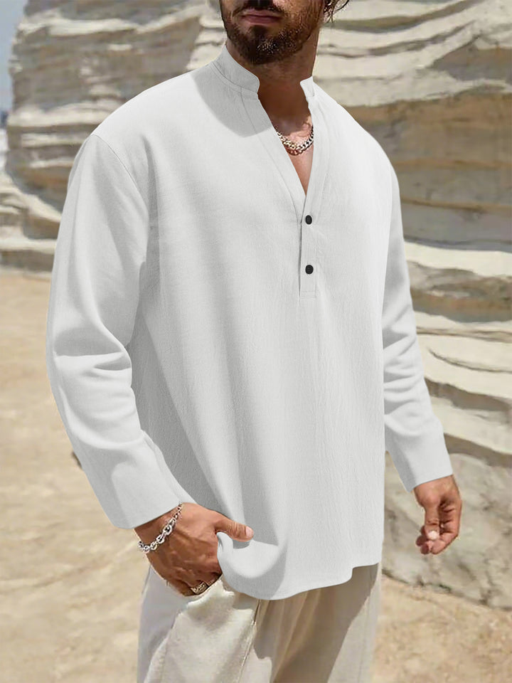 Men's Lightweight Linen Henley with Stand-up Collar and 2-Button Placket Mune Fashion