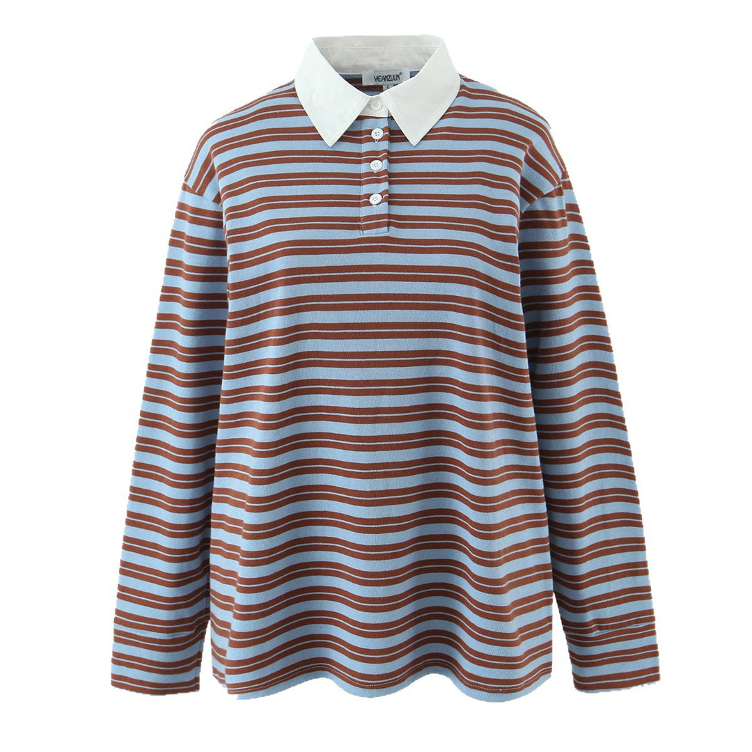 Women's Striped Oversized Rugby Shirt with Contrasting Shirt Collar and Button Placket Mune Fashion