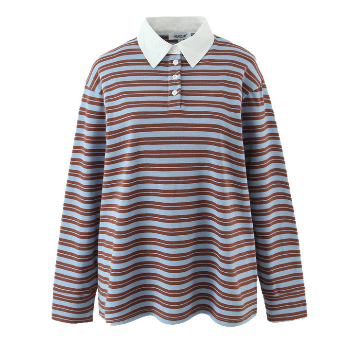 Women's Striped Oversized Rugby Shirt with Contrasting Shirt Collar and Button Placket Mune Fashion