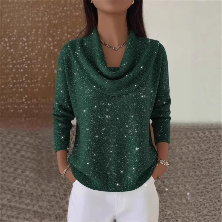 Women's Glittering Knit Sweater with Waterfall Neckline Mune Fashion