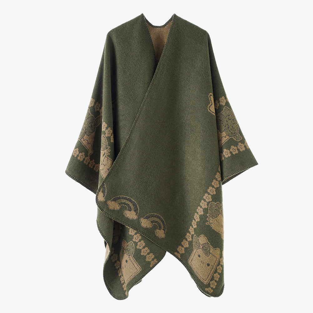 Women's Oversize Poncho with Jacquard Animal Pattern and Asymmetrical Pointed Hem Mune Fashion