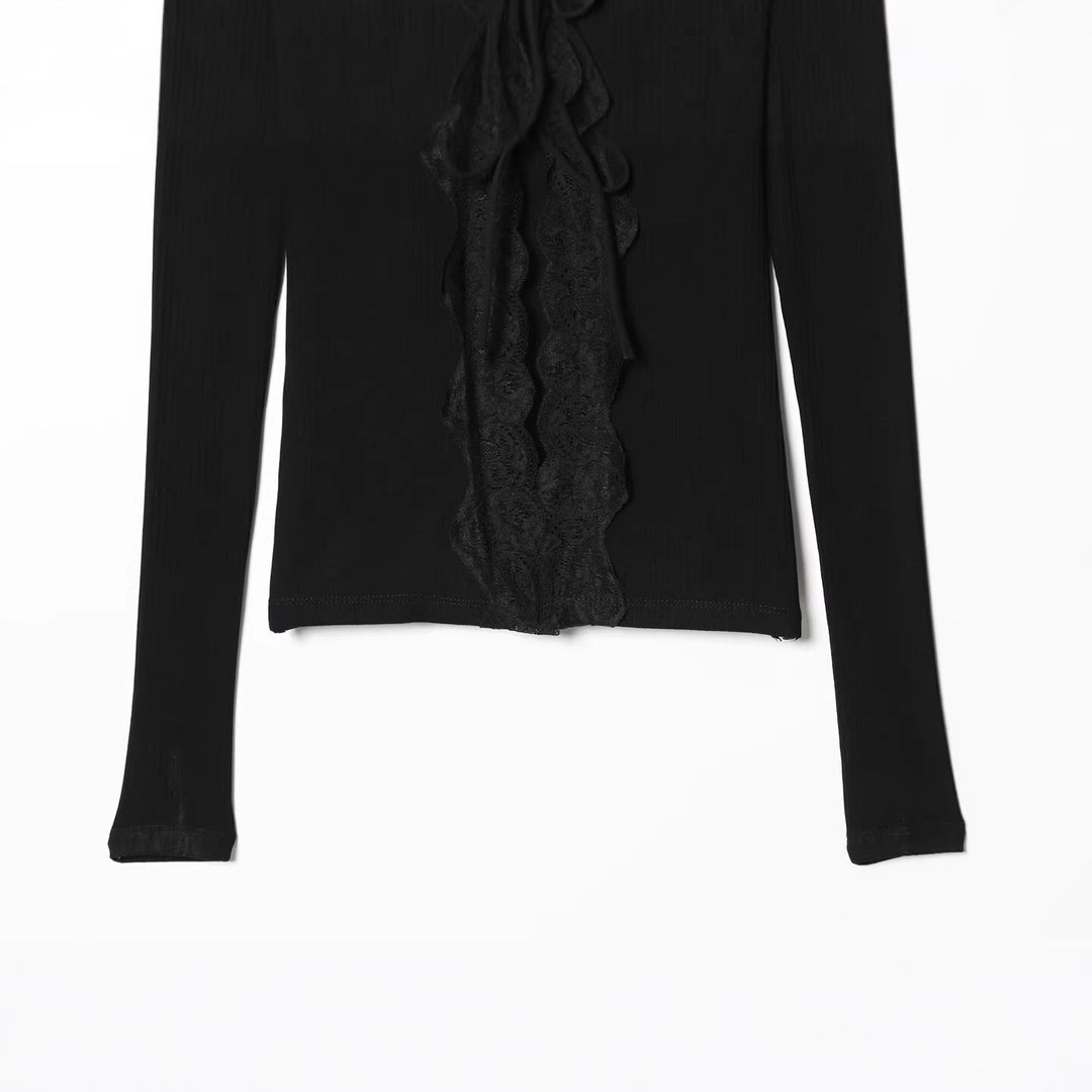 Women Fine Rib Structure Long Sleeve with Deep V-neck, Wide Lace Trim and Decorative Ribbon Mune Fashion