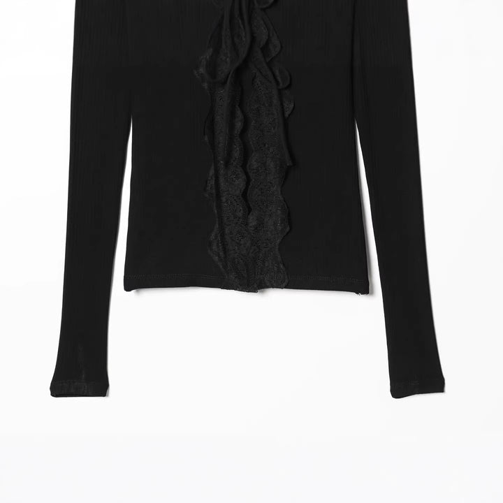 Women Fine Rib Structure Long Sleeve with Deep V-neck, Wide Lace Trim and Decorative Ribbon Mune Fashion