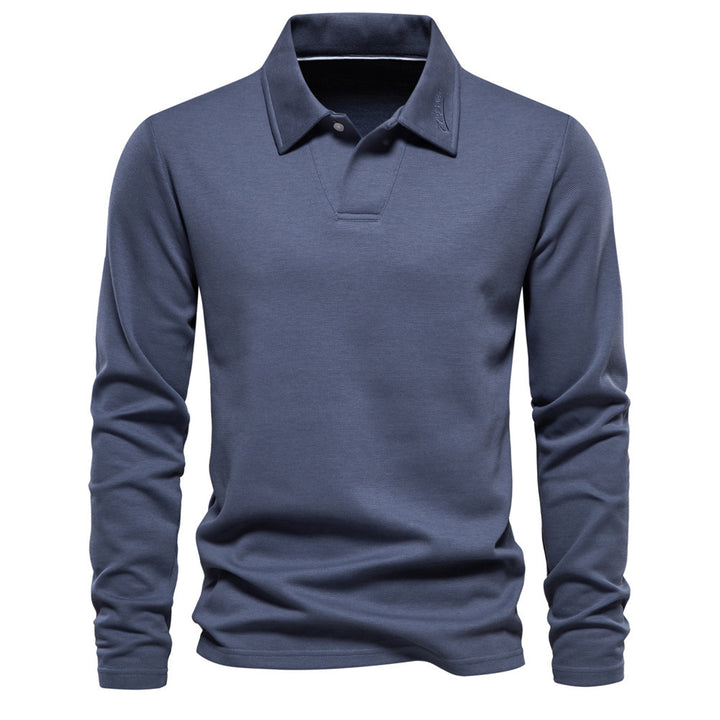 Men's long-sleeved polo shirt with open V-neck, slim fit and tone-on-tone collar embroidery Mune Fashion
