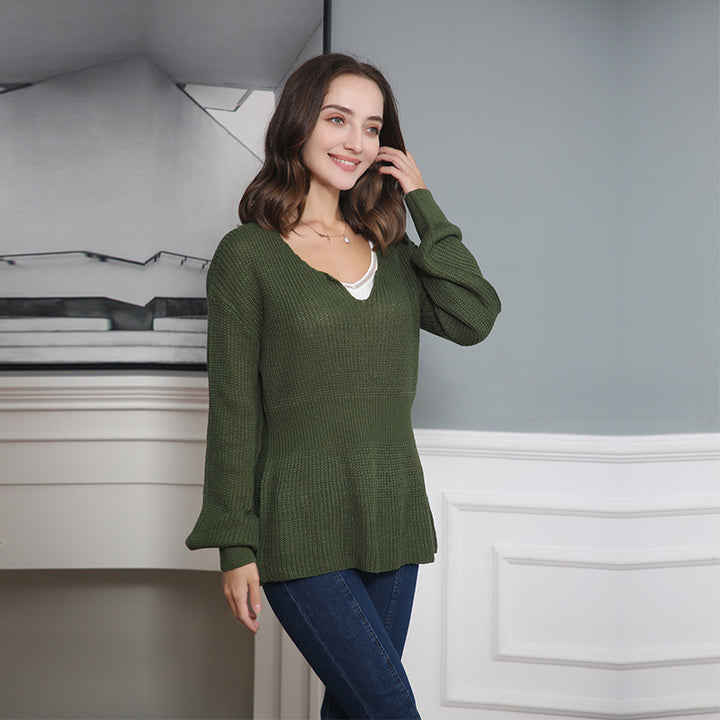Women's Loose Fine Knit Sweater with V Notch Neckline, Fitted Ribbed Hem and Balloon Sleeves Mune Fashion