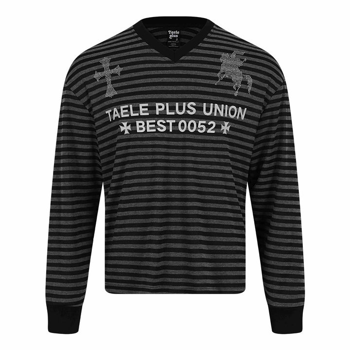 Unisex Striped Long Sleeve Sweater with V-Neck and Rhinestone Applications Mune Fashion