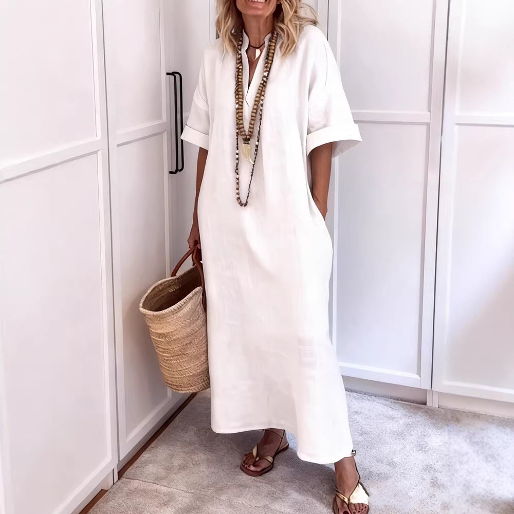 Women's Linen Maxi Dress with V-Neck and Practical Pockets Mune Fashion