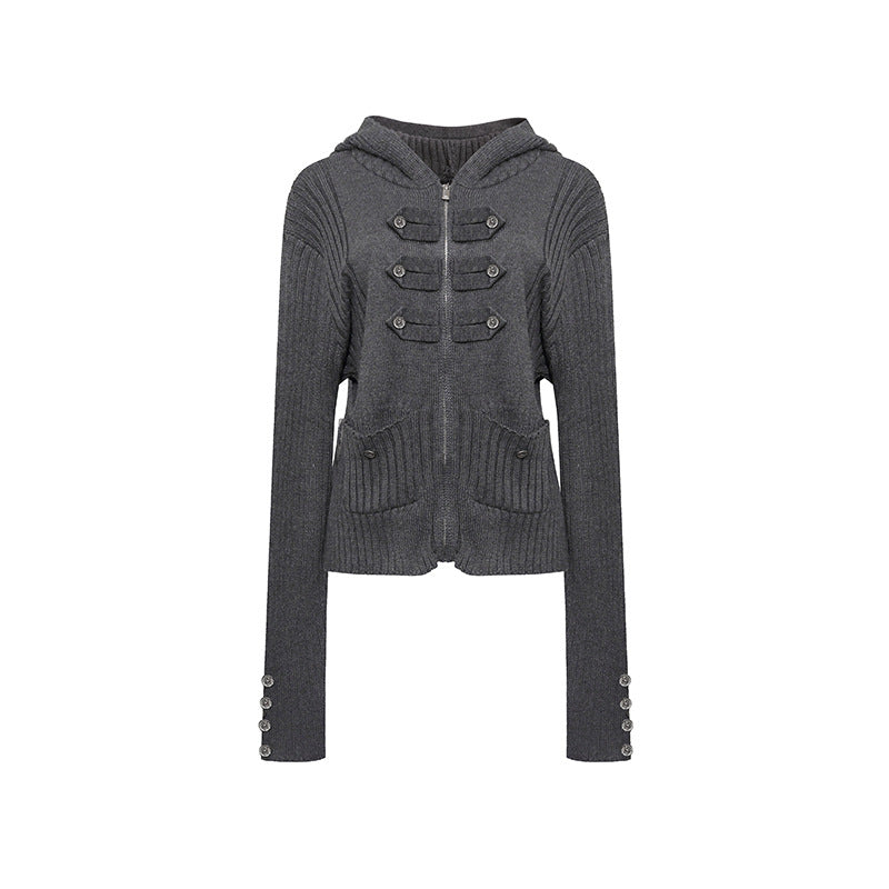 Women's ribbed hooded cardigan with zipper, decorative button placket and patch pockets Mune Fashion