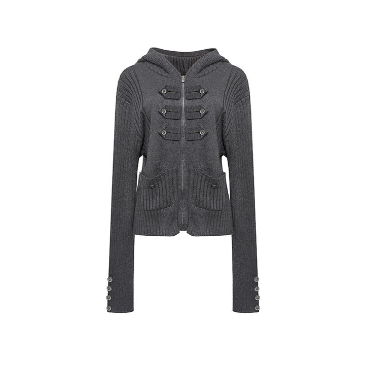 Women's ribbed hooded cardigan with zipper, decorative button placket and patch pockets Mune Fashion