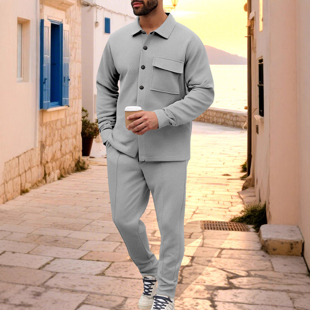 Men's Comfort Two-Piece Waffle Structure Shirt Jacket with Flap Pocket and Relaxed Cuff Pants Mune Fashion