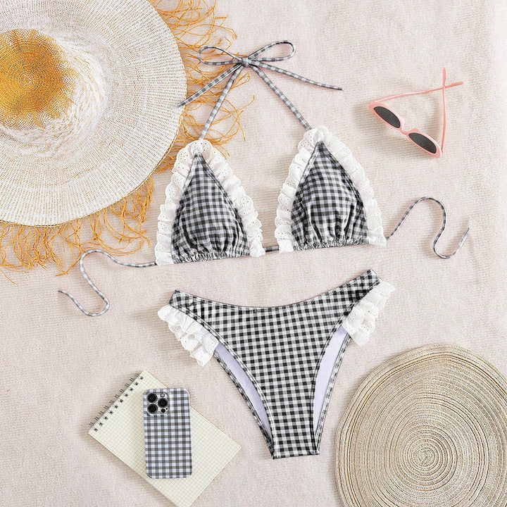 Women's Triangle Bikini with Ruffle Details and Checkered Design Mune Fashion
