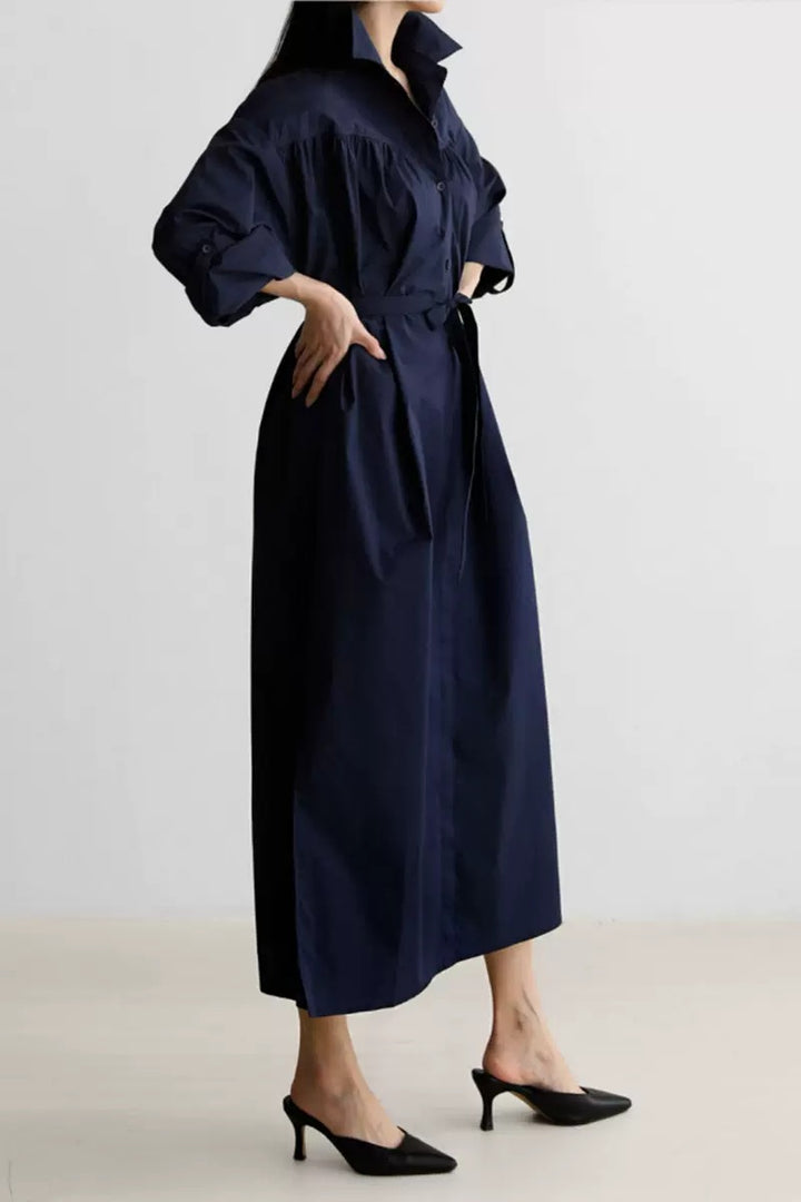 Women Long Sleeve Shirt Blouse Maxi Dress with Structured Shoulder Yoke and Tie Belt Mune Fashion