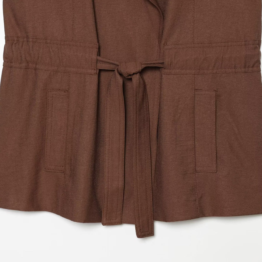 Women's Sleeveless Trench Vest with Waist Belt and Lapel Collar Mune Fashion