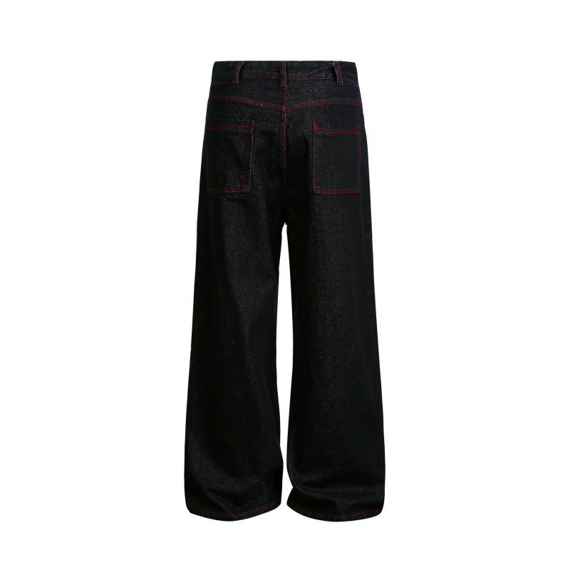 Women Wide High-Waist Denim Pants in Utility Look with Contrast Stitching Mune Fashion