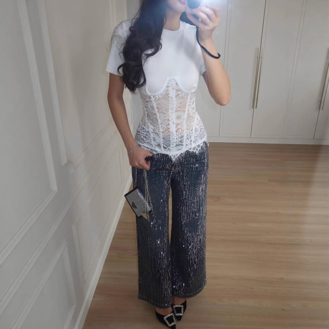 Women nan T-shirt with inserted lace corset and contoured underwire seam Mune Fashion