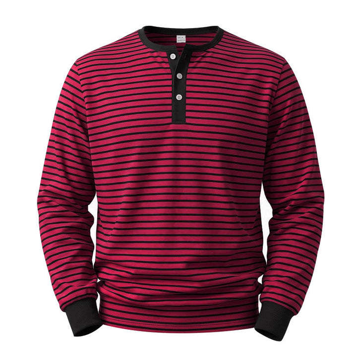 Men's Long Sleeve Henley Shirt made of Cotton Mix with Fine Stripes and Button Placket Mune Fashion
