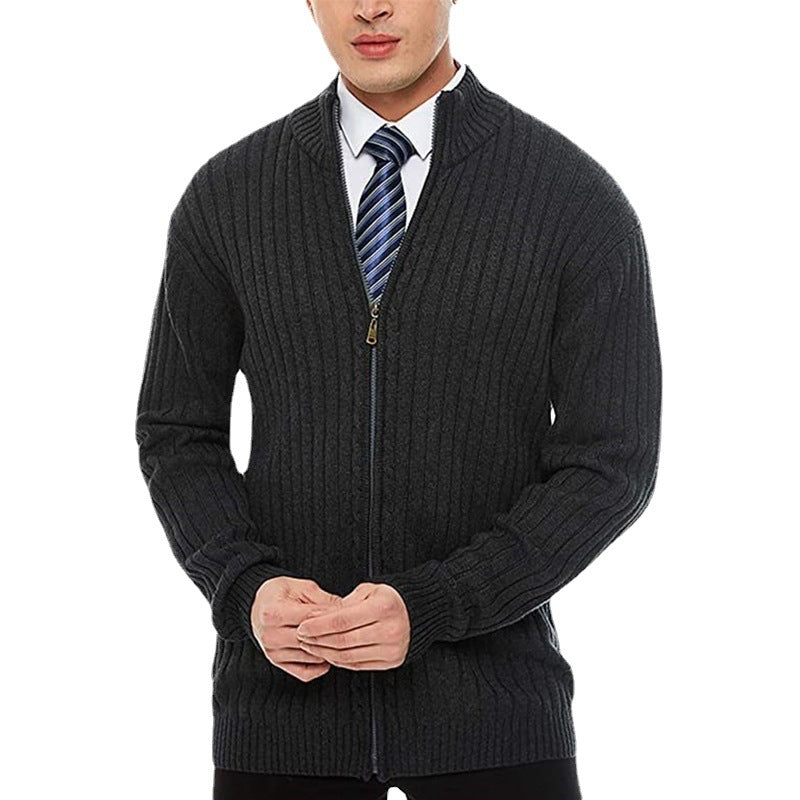 Men's fine-knit cardigan with full-length zipper, stand-up collar, and distinctive ribbed texture Mune Fashion