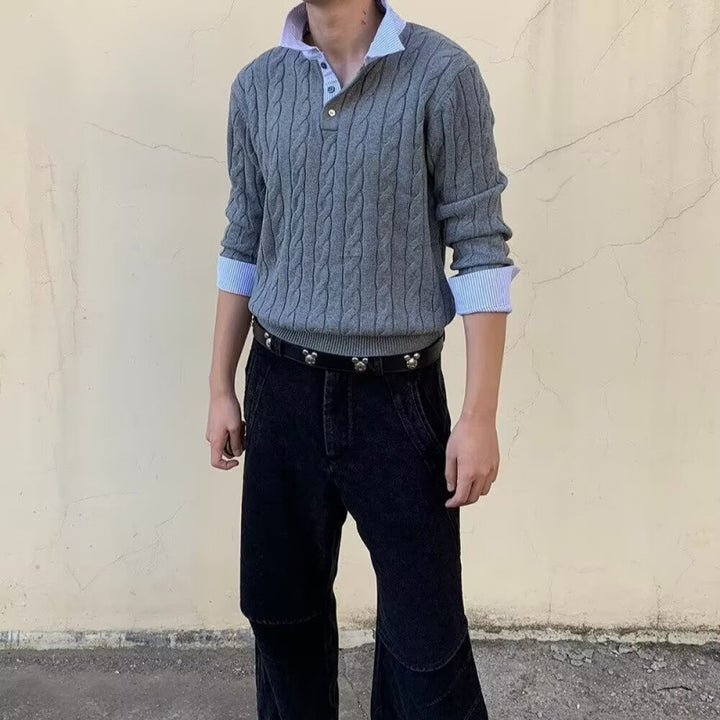 Men's Cable Knit Sweater with Shirt Collar Layering Effect Mune Fashion