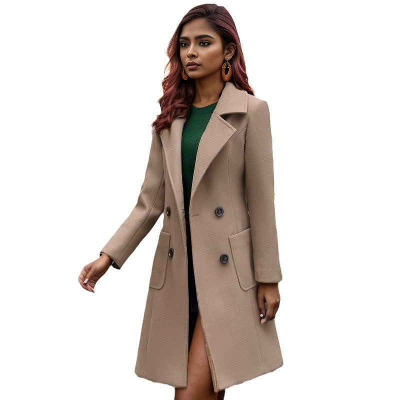 Women's classic tailored wool blend coat in long fit with shawl collar and flap pockets Mune Fashion