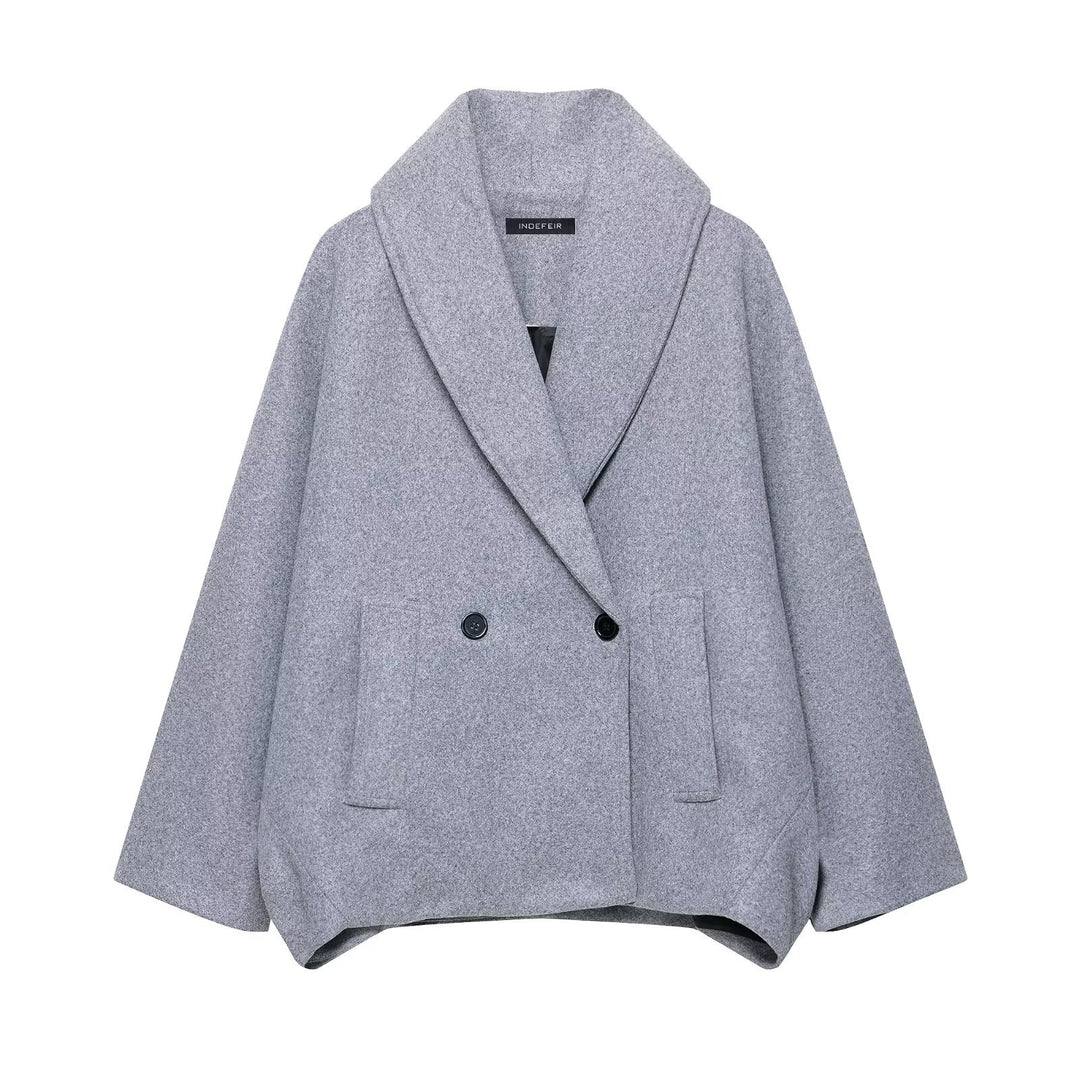 Women Boxy Wool Blend Cape Coat with Wide Shawl Collar and Double Button Placket Mune Fashion