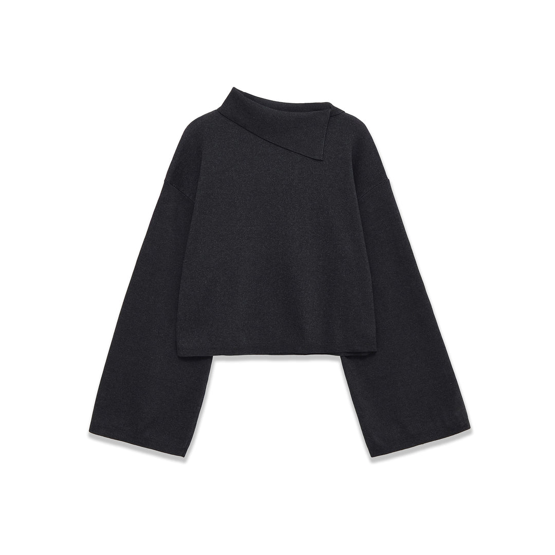 Women's oversized short cut sweater with asymmetrical high collar and wide kimono sleeves Mune Fashion