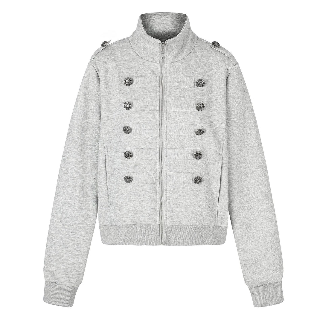 Women's Short Sweat Jacket in Military Style with Stand-Up Collar Mune Fashion