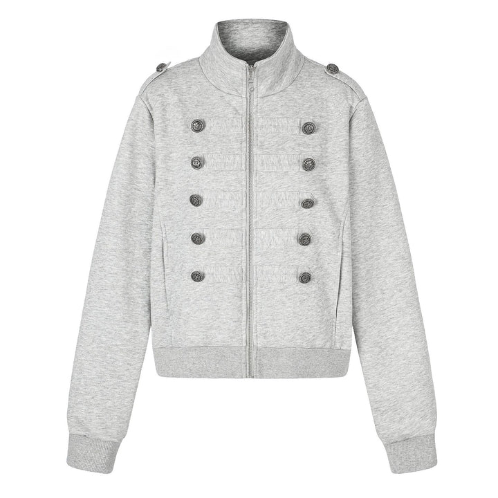 Women's Short Sweat Jacket in Military Style with Stand-Up Collar Mune Fashion