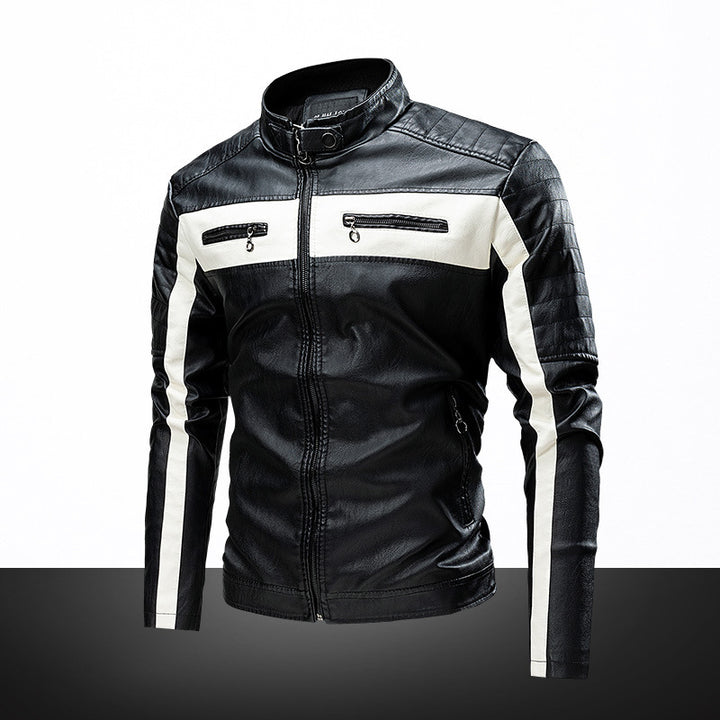 Men's Slim-Fit Biker Jacket in Retro Racing Look with Stand-Up Collar and Quilted Shoulder Area Mune Fashion