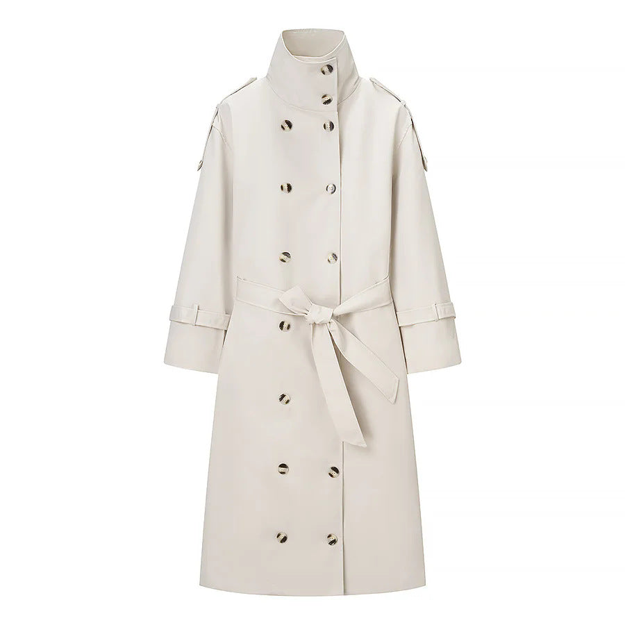 Women's long double-breasted trench coat with high stand collar and tie belt Mune Fashion