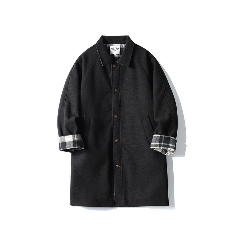 Men's Wool Blend Coat with Checked Lining, Raglan Sleeves and Classic Shirt Collar Mune Fashion
