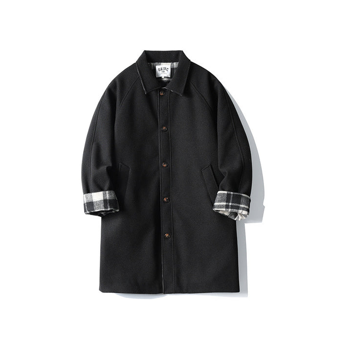 Men's Wool Blend Coat with Checked Lining, Raglan Sleeves and Classic Shirt Collar Mune Fashion