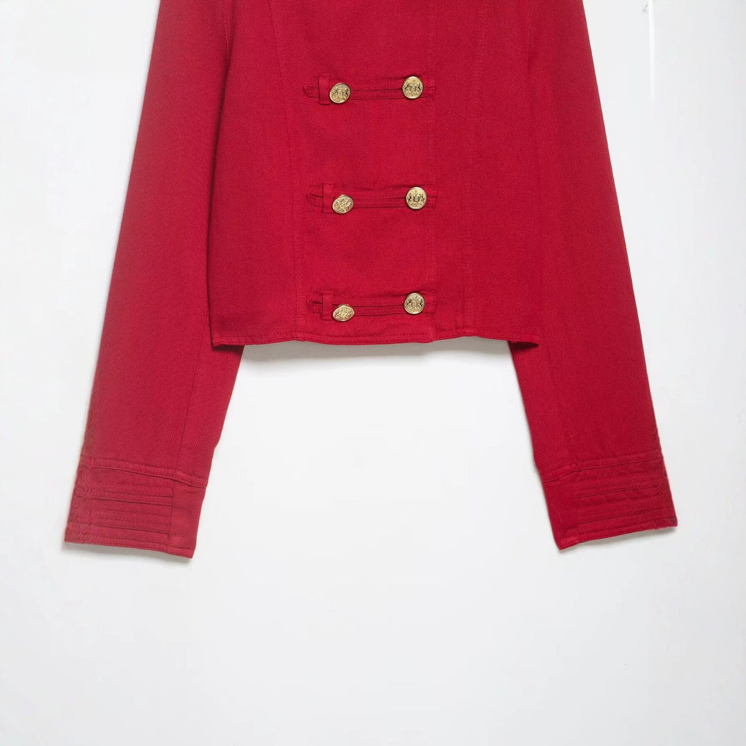 Women Cropped Military Jacket in Sailor Style with Golden Decorative Straps and Stand-Up Collar Mune Fashion