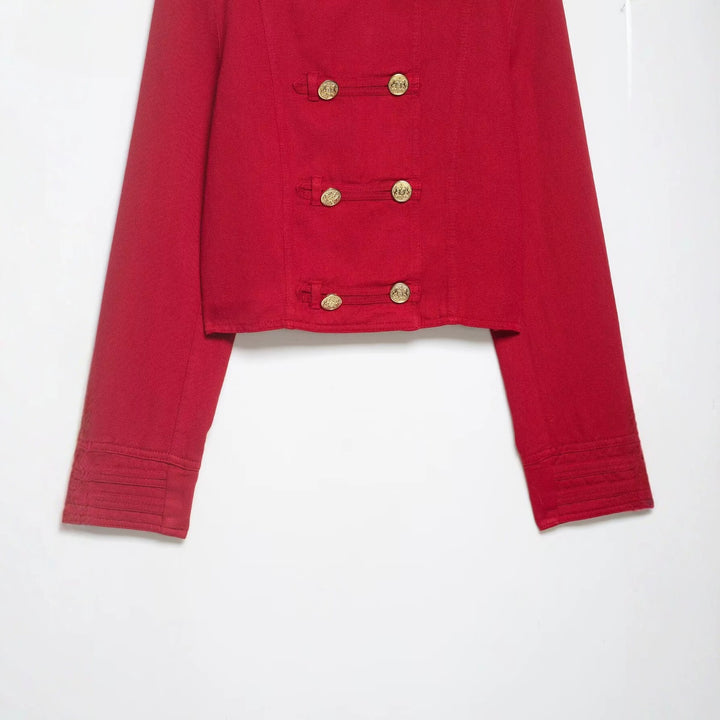 Women Cropped Military Jacket in Sailor Style with Golden Decorative Straps and Stand-Up Collar Mune Fashion
