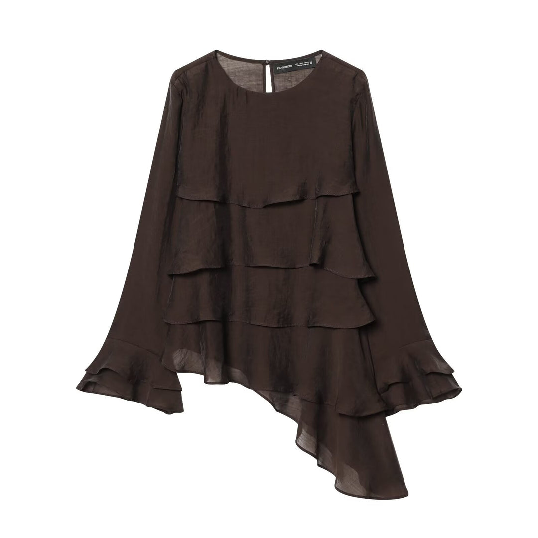 Women 50+ layered ruffle blouse with asymmetrical hem and bell sleeves Mune Fashion