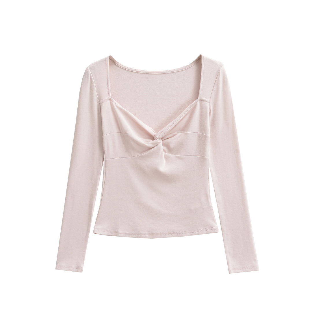 Women's Long Sleeve Shirt with Twist Knot Detail, Shaping Bust Part and Wide Neckline Mune Fashion